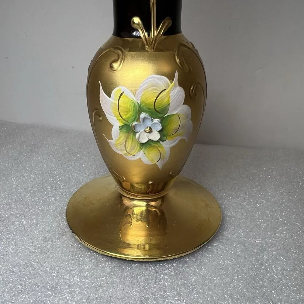 Bohemian Czech Ruby Red Murano Glass Bud Vase 18k Gold Hand Painted Flowers 10”